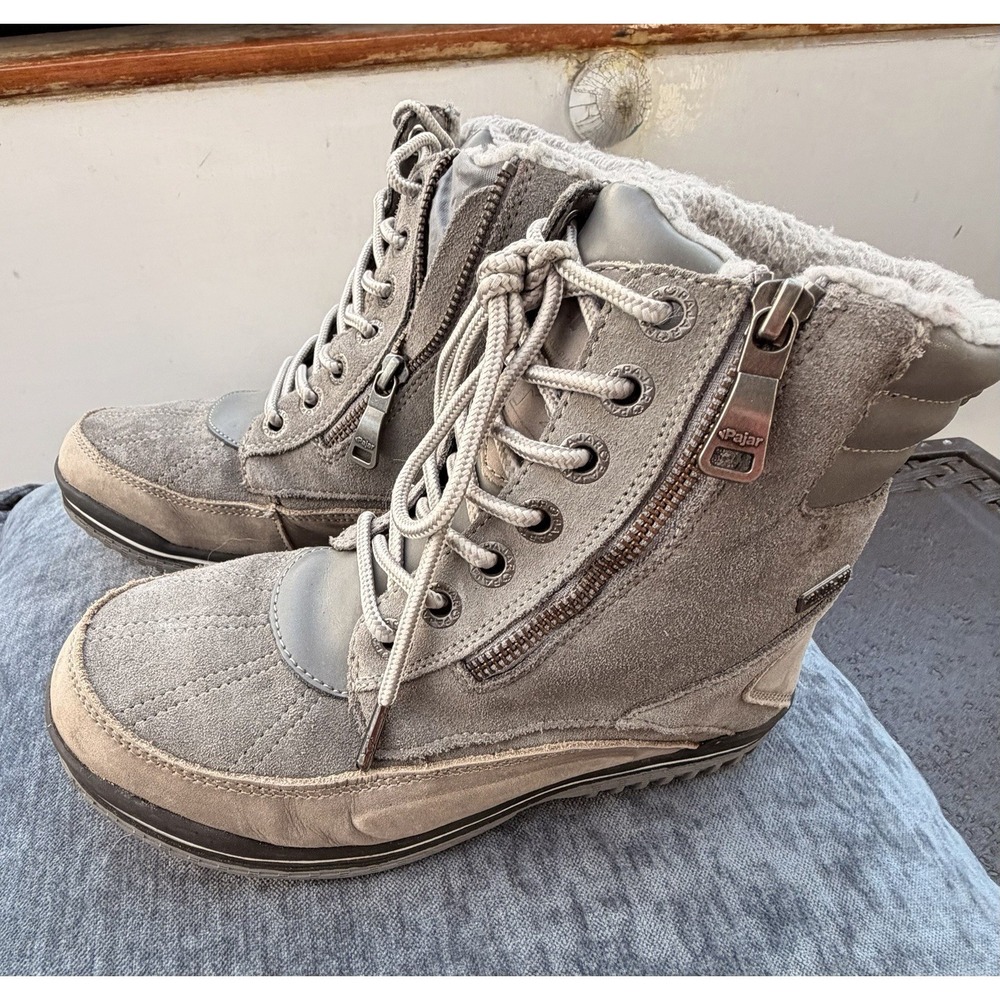 Pajar Gray Jeana Leather Faux Fur Lined Lace-Up Side Zip Ankle Snow Boots 6-6.5